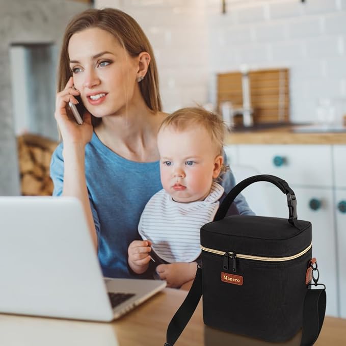 Mancro Breastmilk Cooler Bag with Ice Pack, Fits 6 Baby Bottles Up to 9 Ounce Insulated Baby Bottle Bag, Breast Milk Cooler on The go with Strap, Bottle Storage Bag for Nursing Mom Daycare, Black