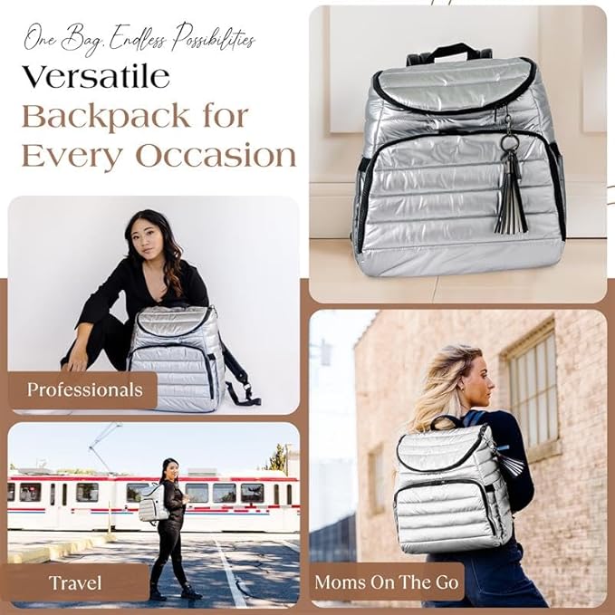 Citi Collective Gallery Diaper Bag Backpack - Casual Day-to-Day Backpack Fits 15" Laptop - Travel Bag with Multiple Compartments, Pockets, Portable Changing Pad, and Shoulder Strap-Silver
