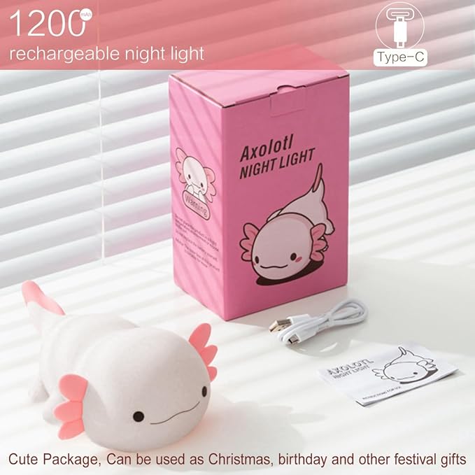 Axolotl Night Light for Kids, Cute Squishy Rechargeable Axolotls Lamp, Unique White Pink Xmas Axolotl Gifts, Dimmable LED Silicone Nightlight, Baby Safe, Girls Room College Dorm Décor