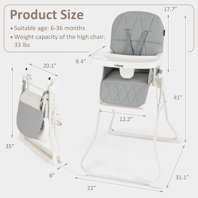 INFANS Baby High Chair, Quick Folding Portable Highchair for Babies and Toddlers with Adjustable Footrest Removable Dishwasher Tray PU Seat, Compact Highchairs for Baby Age 6-36 Months (Grey)
