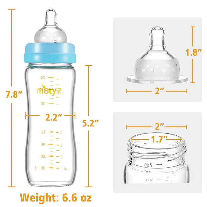 Matyz Glass Breastmilk Baby Feeding Bottle with Nipple, 4 Pack, 8 oz Slim and Light Bottle Easy to Hold, Food Grade Borosilicate Glass, Wide Neck Easy to Clean, No BPA (Blue Lids)