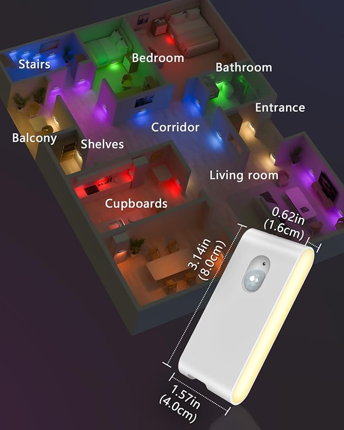 WILLED Stair Lights Indoor RGB & Warm White,Rechargeable Motion Sensor Night Light,Wireless Motion Sensor Lights Indoor for Stair,Bathroom,Hallway,Kitchen,Closet,Cabinet,Bedroom,Kids' Room