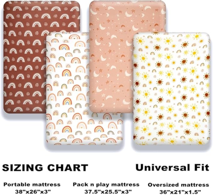 Jola's House 4 Pack N Play Sheets - Mini Crib Sheets Boho Nursery Sheets, Sunshine & Rainbow Design - Neutral Unisex Fitted Baby Crib Sheets for Baby Boys or Girls