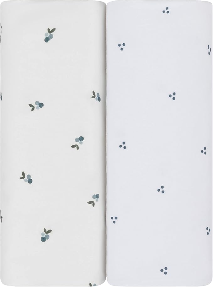 Ely's & Co. Patent Pending Waterproof Crib Sheets, 100% Cotton with Waterproof Lining - Built in Mattress Protector, 2 Pack Fitted Crib Sheet Set, Berry and Cluster Dot (Blue) 28” x 52”