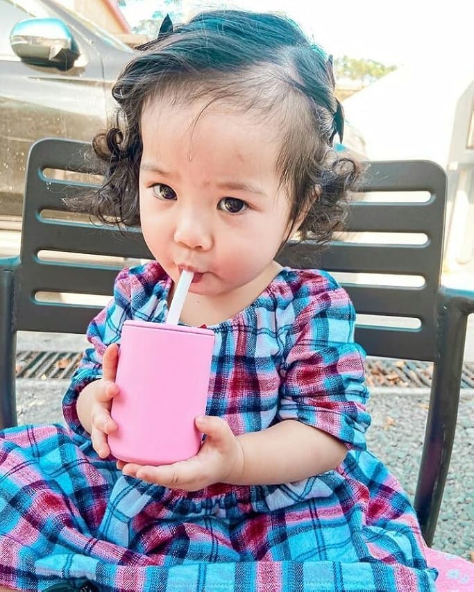 Avanchy Silicone Training Sippy Cup with Straw Lid – For Babies 6+ Months to Toddlers 1 Year Old – 8 oz Infant Water Cup for Baby Led Weaning, Magenta + 5 Reusable Straws