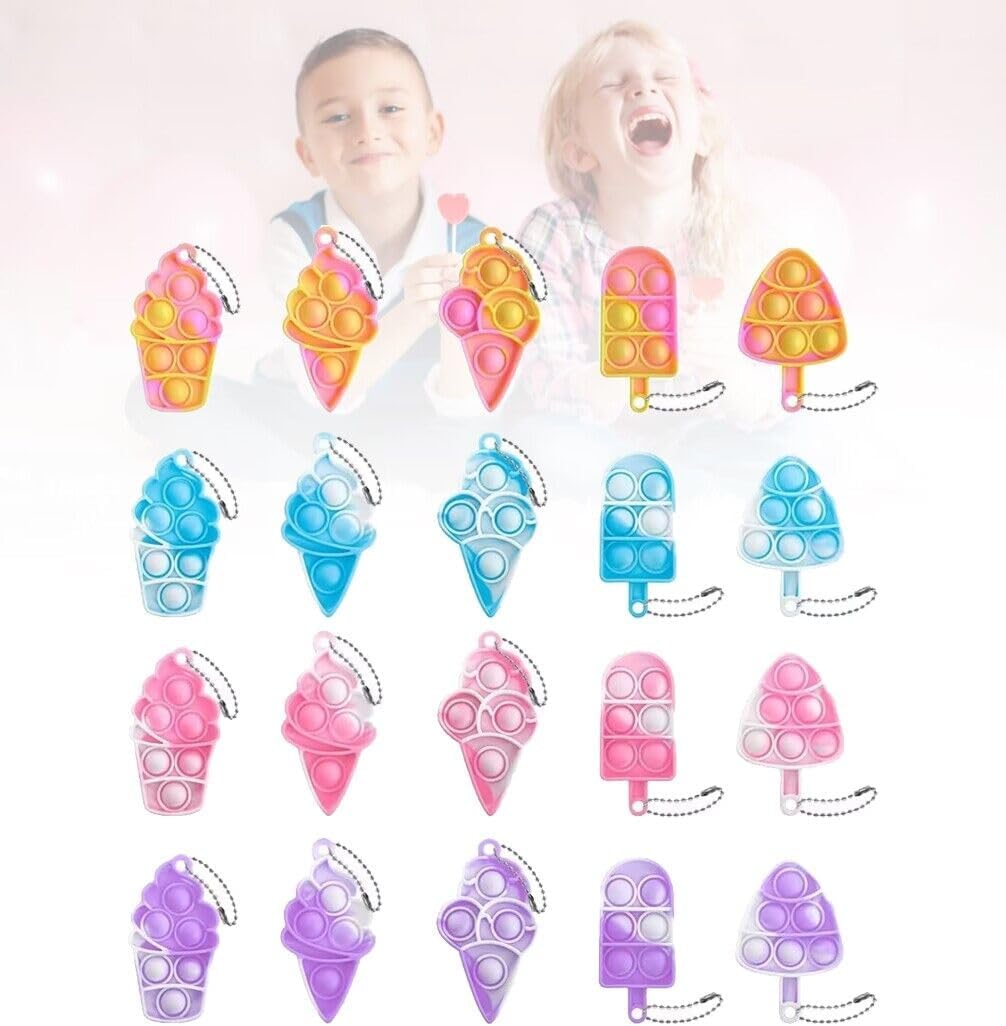 20Pcs Ice Cream Mini Pop Push Keychain Fidget Toy Pack,Mini Pop Push it Bubble Fidget Toy Keychain Simple Fidget Toys Stress Relief Toys for Kids Adults