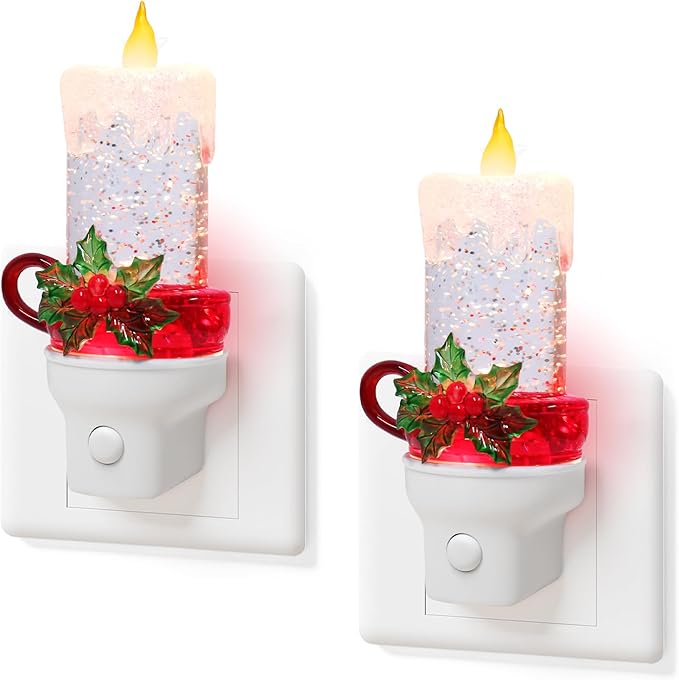 2 Pack Christmas Candle Night Light Plug into Wall Glitter Water Nightlight with USB/Outlet Options, Christmas Decorative Nightlight for Bedroom Kitchen Nursery Holiday Decorations Gifts (Candle)
