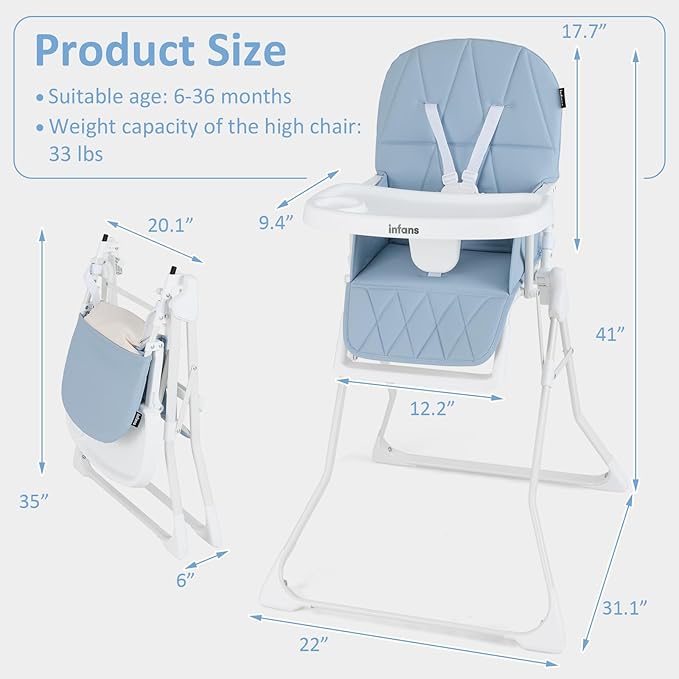 INFANS Baby High Chair, Quick Folding Portable Highchair for Babies and Toddlers with Adjustable Footrest Removable Dishwasher Tray PU Seat, Compact Highchairs for Baby Age 6-36 Months (Blue)