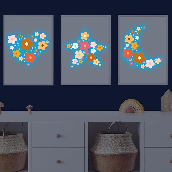 Glow in The Dark Y2k Cute Flowers Wall Decals,Glowing Luminous Colorful Boho Floral Wall Stickers Removable self-Adhesive Flower Decals for Girls Bedroom Kids Baby Nursery Living Room (Classic Color)