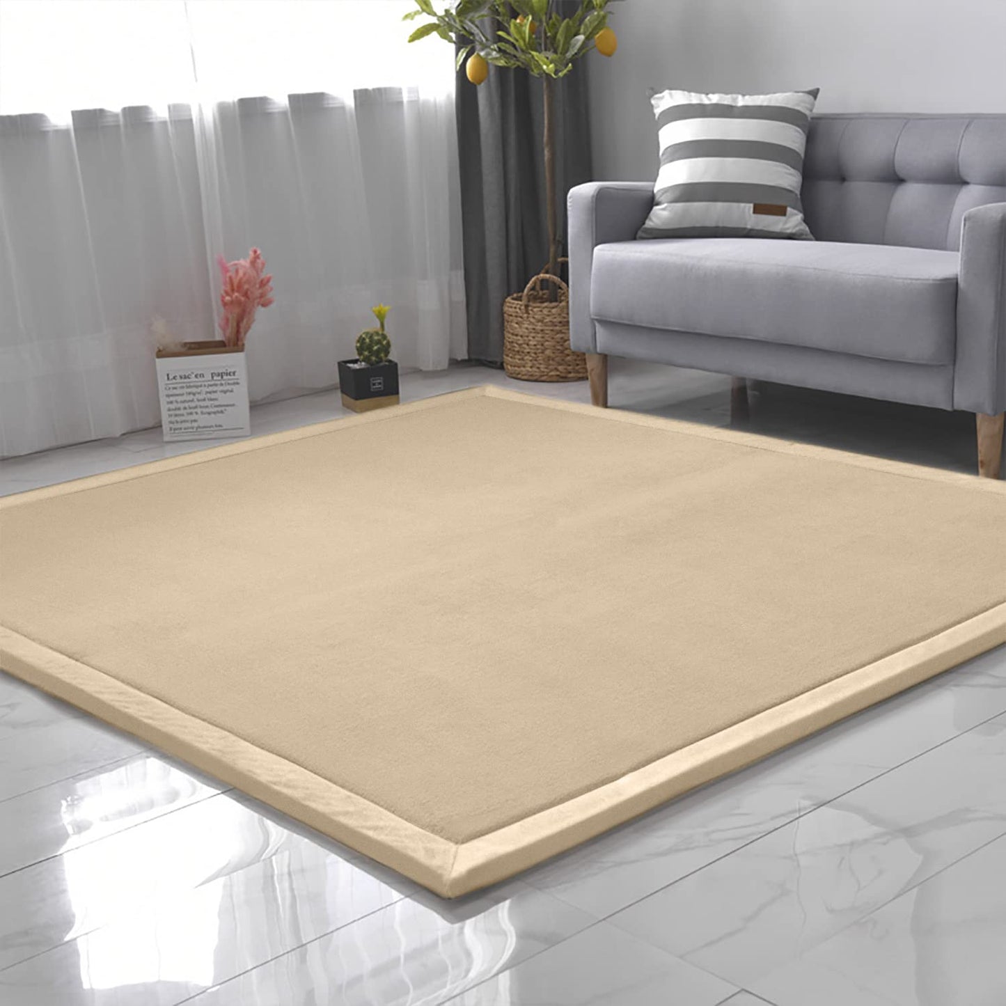 Loartee Coral Velvet Crawling Rug (6'8"x7'9", Brown) for Toddler Children Play Area Rug Yoga Mat Exercise Pad