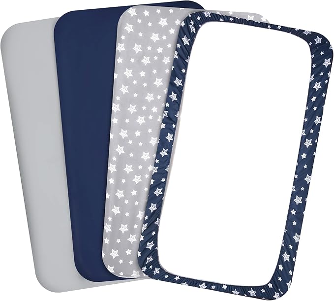 Pack and Play Sheets Boys, 4 Pack Mini Crib Sheets, Stretchy Pack and Play Playard Fitted Sheet, Compatible with Graco Pack n Play, Soft and Breathable Material, Navy