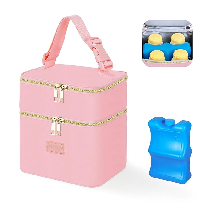 PIIOSER Breast Milk Storage Cooler Bag with Ice Pack, Fits 4 Baby Bottles Up to 5 Ounce, Small Insulated Breastmilk Cooler Travel Bag with Handle Buckle for Nursing & Working Mom Daycare(Pink-XS)