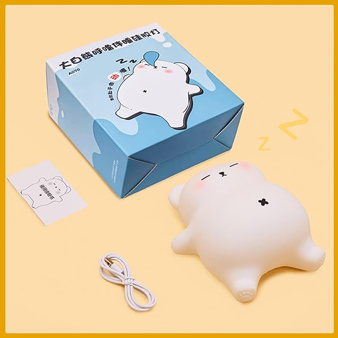 Snoring White Bear Night Light, Rechargeable Squishy Lamp - Silicone Nursery LED Animal Dimmanble Touch Nightlight - Bedroom Cute Funny Birthday Christmas Gifts for Kids, Boy, Girls