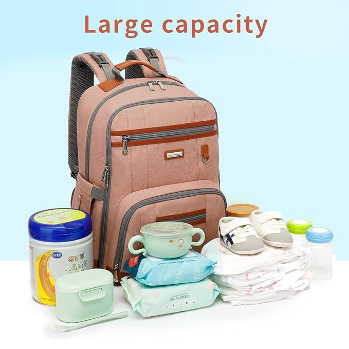 Diaper Bag Backpack, Large Baby Nappy Bags with Portable Changing Pad for Boys and GirlsMultifunction Travel Baby Bag for Moms Dads, Shower Gifts Waterproof and Stylish,Deep Powder