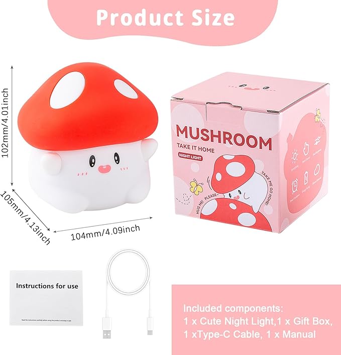 Hug Mushroom Lamp, Cute Mushroom Night Light, 2 Levels Dimmable Night, LED Squishy Night Light for Kids Sleep, Rechargeable Bedside Touch Silicone Lamp, Unique Dorm Decor Gift Toy