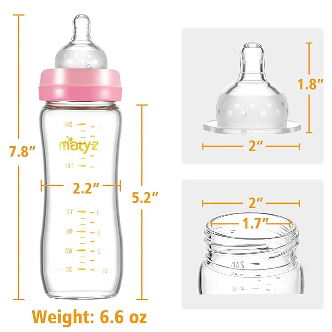 Matyz 8 Ounce Glass Baby Feeding Bottle With Nipple - Light and Slim, Easy to Hold and Clean - Food Grade Borosilicate Glass, Wide Neck for Breastmilk Feeding, No BPA (Pink Lids)