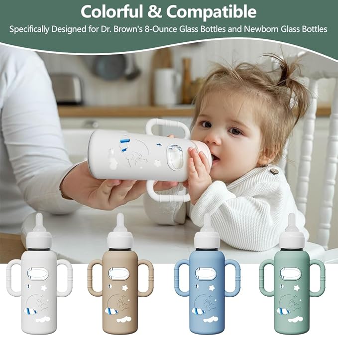 4 Pack Silicone Sleeves for Dr. Brown's Glass Bottles - Drop Protection Bottle Sleeves,Compatible with Dr. Brown's Newborn Glass Bottles,with Silicone Handles,8 oz