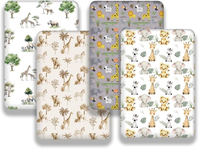 4 Pack Safari Jungle Animals Neutral Unisex Fitted Nursery Baby Sheets Set Toddler Mattress Sheets for Baby Boys or Girls (Pack N Play Sheets)