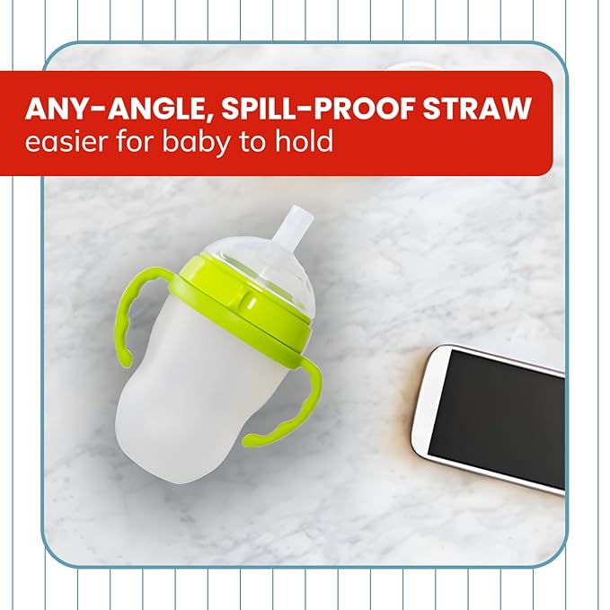 Straw Transition Cup Kit for Comotomo Baby Bottles | Conversion Kit Fits 5 Ounce and 8 Ounce Bottles | Soft, Silicone Straw Top Bottle Nipple & Weighted Straw to Help Baby Transition | 2 Pack (Green)