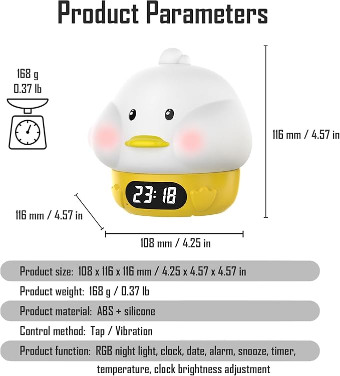 Cute Duck RGB Rechargeable Night Light, Soft Silicone Lampshade, Adjustable Brightness LED Clock, Date, Alarm, Thermometer, Timer, Tap Control, Bedroom Lamp, Gift for Girl and Kid (Yellow Duck)