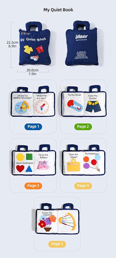 Jollybaby Quiet Book Montessori Toys, Toddlers Travel Toy, Preschool Learning Activities Early Educational Busy Book with 10 Sensory Activities for Boys & Girls, Zipper (Blue)