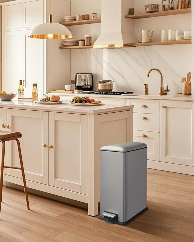 12 Gallon Slim Kitchen Trash Can, Stainless Steel Trash Can with Removal Inner Bucket and Soft-Close Lid, Pedal Garbage Can 45 Liter, Kohler Grey