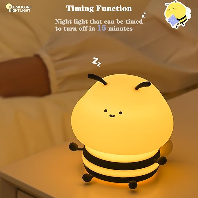 Cute Bee Kids Night Light, LED Squishy Night Lamp, Dimmable Nursery Nightlight for Kids, Rechargeable Timer Touch Lamp, Dorm Decor, Funny Gifts (Bee)