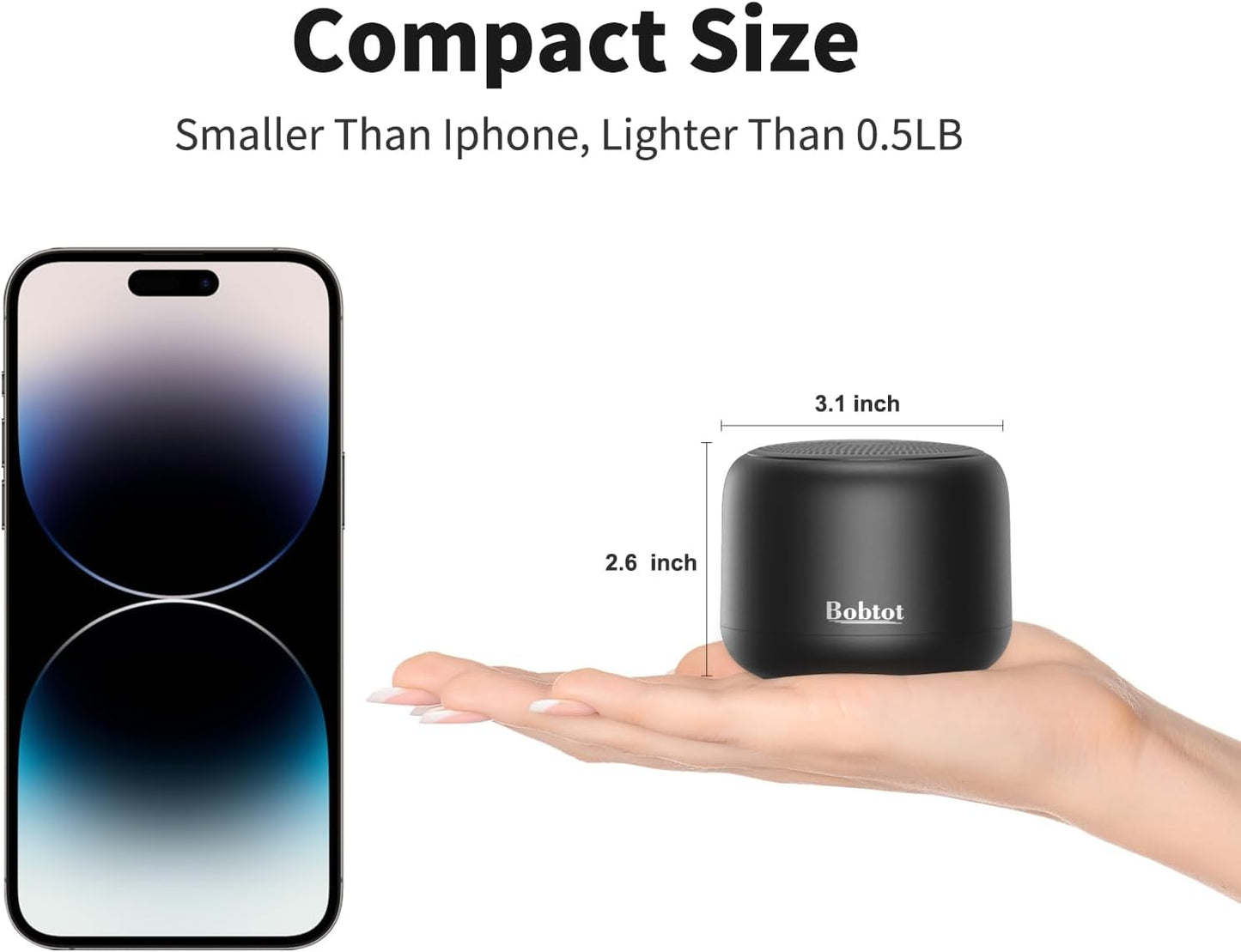 Bobtot Portable Bluetooth Speakers with Strap Easy to Carry, Wireless IPX5 Waterproof Mini Speaker with Loud Stereo Sound, 20 Hours Playtime, Rechargeable Battery, Built-in Microphone, Black