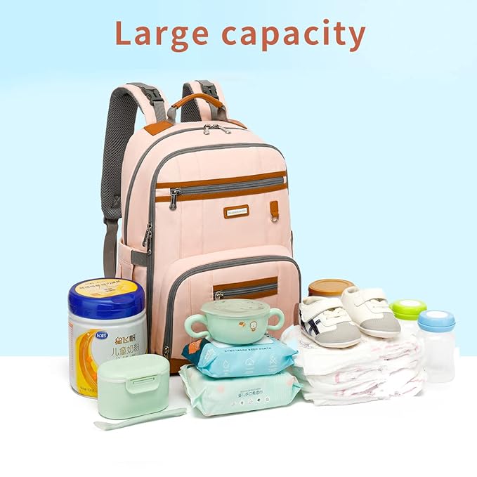 Diaper Bag Backpack, Large Baby Nappy Bags with Portable Changing Pad for Boys and GirlsMultifunction Travel Baby Bag for Moms Dads, Shower Gifts Waterproof and Stylish,Light Powder