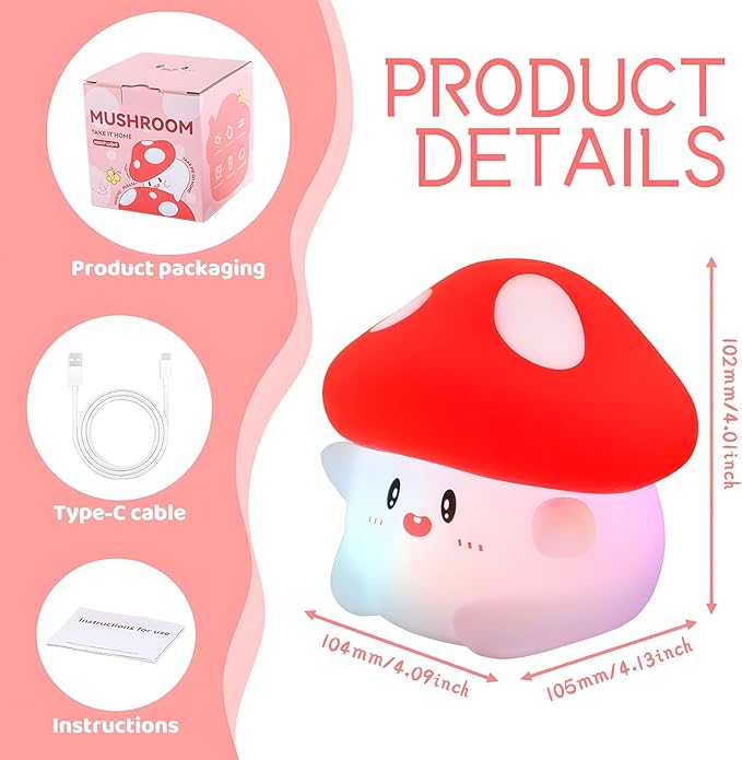 Mushroom Silicone Night Light for Kids - Color Changing Lamp with Soft Touch, USB Rechargeable, Long Battery Life & Touch Control - Cute Decorative LED Mushroom Light