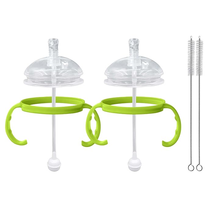 Straw Transition Cup Kit for Comotomo Baby Bottles | Conversion Kit Fits 5 and 8 Ounce Bottles | Soft, Silicone Straw Top Bottle Nipple & Weighted Straw to Help Baby | 2 Pack (Green) + Brushes