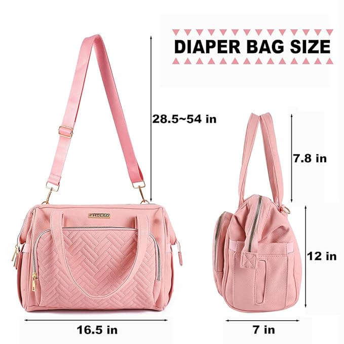 Diaper Bag Tote, with 12 Pocket Mom Bag, 16" Large Leather Baby Bags Convenient to Carry Diapers, Wet Wipes, and Bottles (Pink)