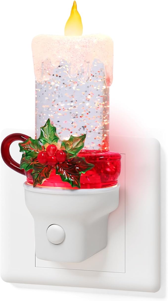 Christmas Candle Night Light Plug into Wall Glitter Water Nightlight with USB/Outlet Options, Christmas Decorative Nightlight for Bedroom Kitchen Nursery Hallway Holiday Decorations Gifts (Candle)