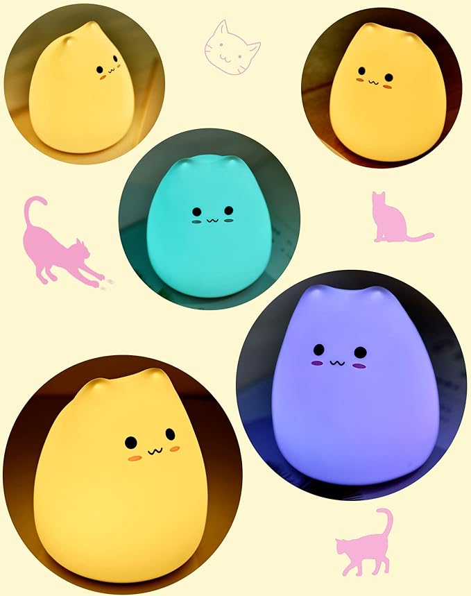 LED Cat Night Light, Battery Powered Night Light for Kids, Silicone Multicolor Cute Lamp with Warm White and 7-Color Breathing Mode, Christmas Gifts for Kids, Baby, Children, Lady (Cute Cat)