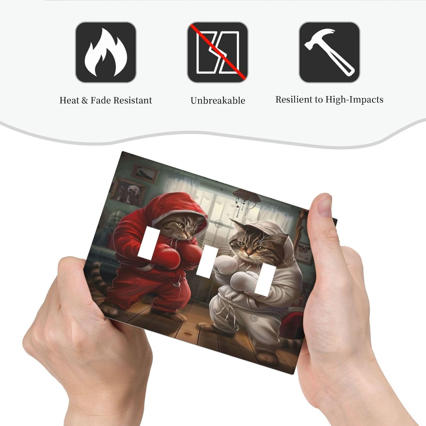 Decorative Switch Covers Plate Funny Red Boxing Cats White Tomcat 3 Gang Artistic Wall Plate Unique Triple Toggle Light Switch Plate Jumbo Faceplate for Bedroom Home Decor