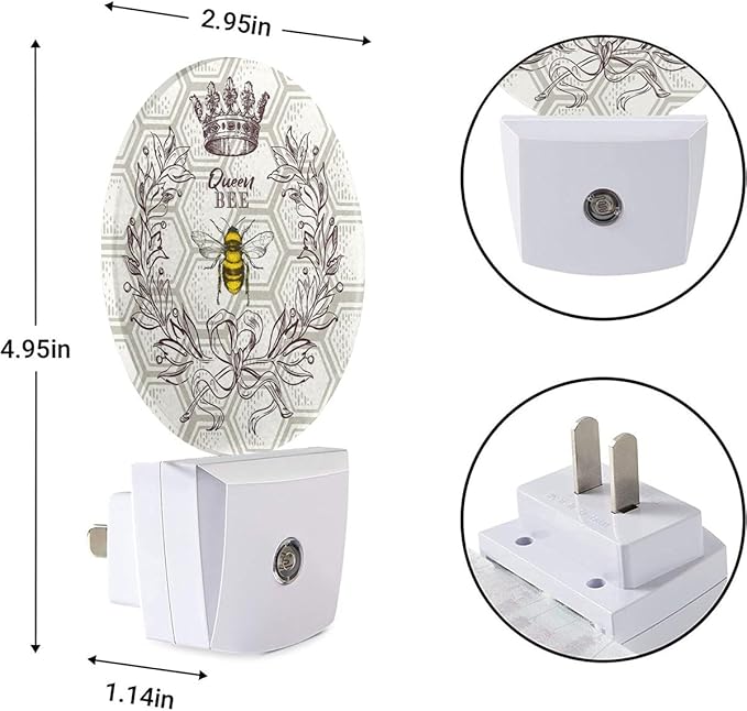EKOBLA Queen Bee Night Light - Round LED Wall Plug-in Nightlights with Auto Sensor, Dusk to Dawn Lighting for Bedroom, Hallway & Kitchen (Bee Theme)