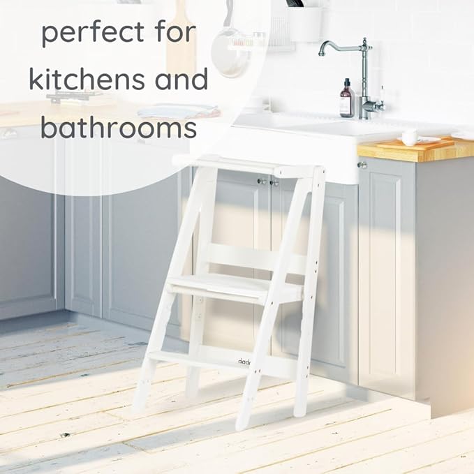 dadada Baby Foldable Montessori Tower - Adjustable Kitchen Step Stool for Kids with Safety Rail, Non-Toxic Finish, Great for Small Space Living (White)