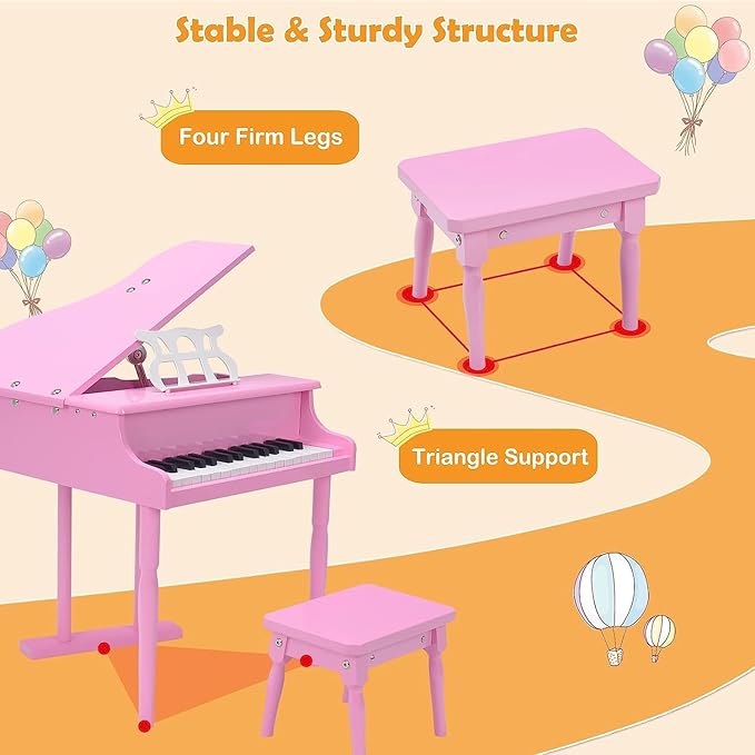 HONEY JOY Classical Kids Piano, 30-Key Mini Grand Piano with Music Stand and Bench, Wooden Musical Instrument Toy w/Lid & Music Rack, Gift for Boys Girls Ages 3+ (3 Straight Leg-Pink)