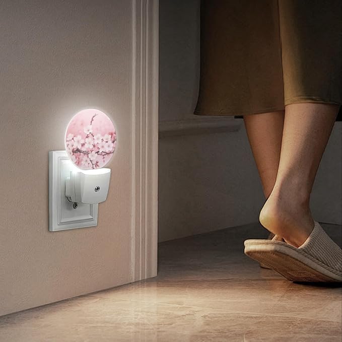 Round LED Night Lights Lamp with Dusk to Dawn Sensor, Delicate Pink Background with Cherry Blossoms Night Light Plug Into Wall for Kids Room, Bedroom, Bathroom, Kitchen, Hallway