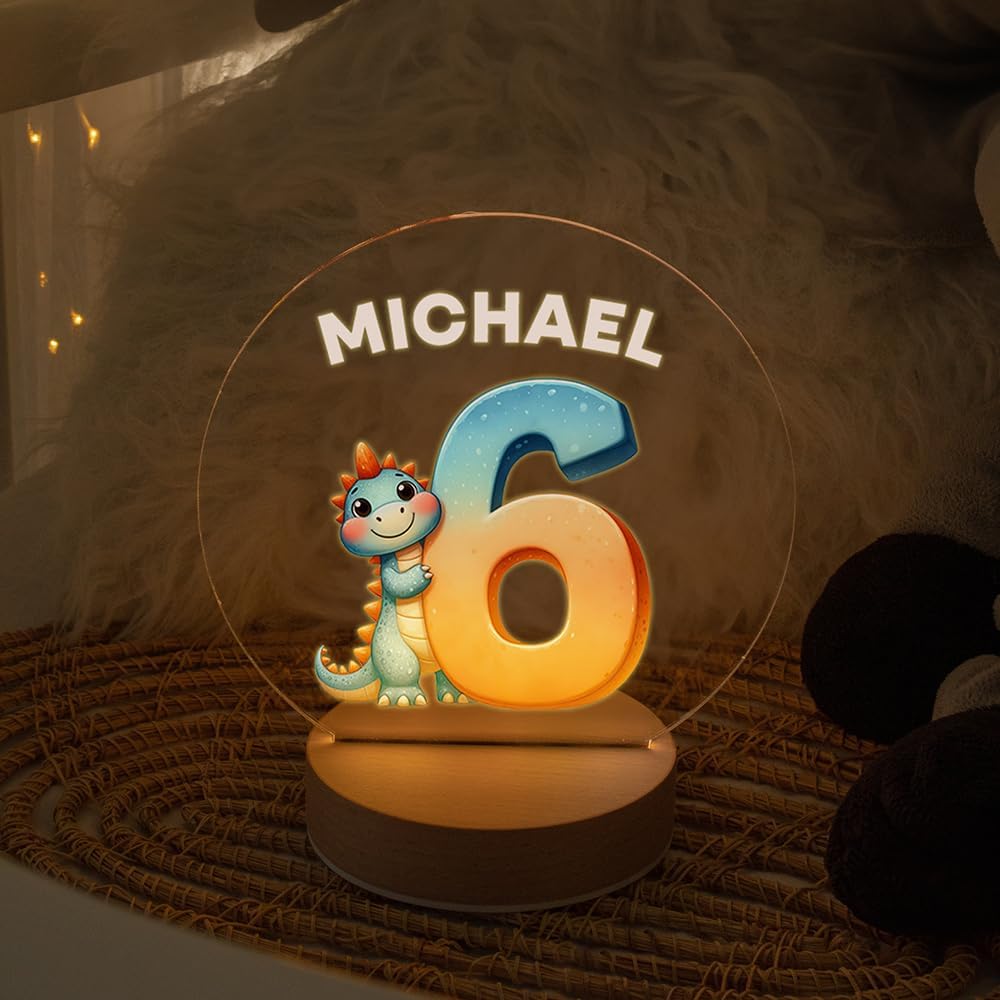 callie Acrylic Night Light Name Plate Personalized, Custom Cute Dinosaur Car with Wooden Base Bedroom Decor, Birthday Gifts Kid Gifts for Family (Cute Cartoon)
