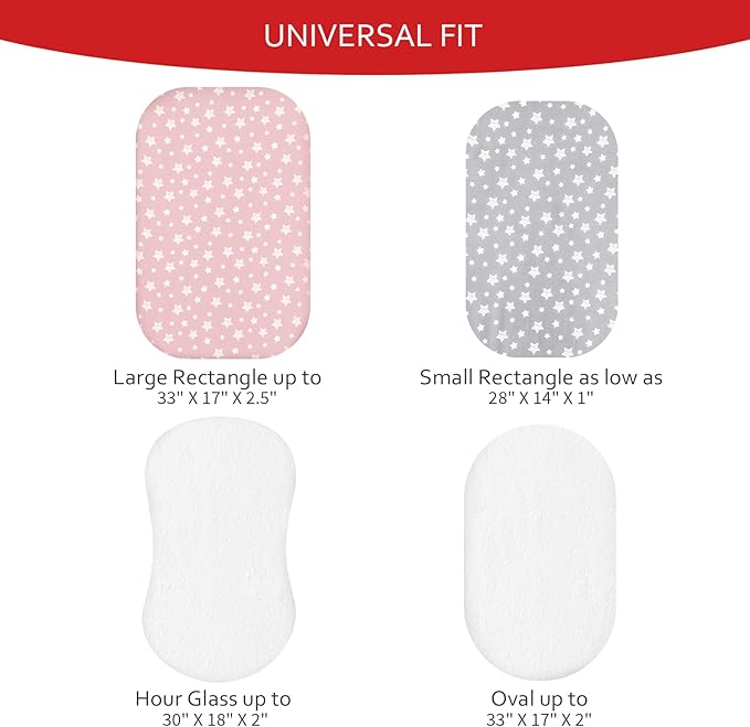 Bassinet Sheets & Waterproof Bassinet Mattress Pad Protector 4 Pack Set, Universal Fit for Oval, Hourglass and Rectangular Mattress, Grey & Pink