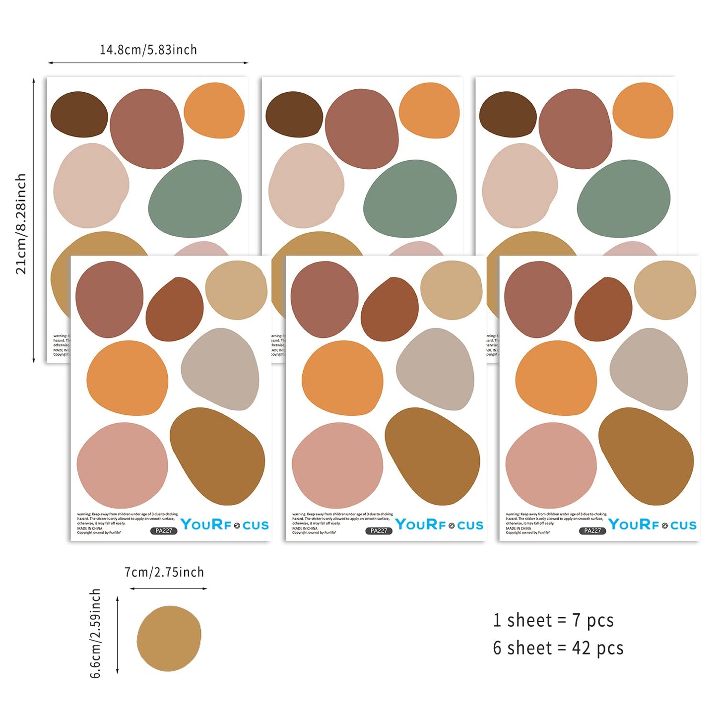 Boho Polka Dot Wall Decals 42 PCS, Boho Wall Sticker for Girls Room Living and Playroom Nursery, Removable Wall Decals Kids Room Decor Vinyl Murals DIY Cute Decorations (6 Sheets)