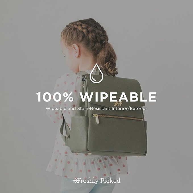 Freshly Picked Mini Classic Diaper Bag Backpack, Wipeable Vegan Leather Baby Diaper Bag, 8 Pockets Total (Sage Green)