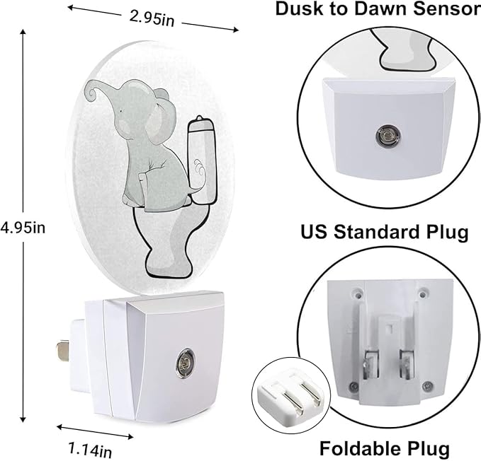 EKOBLA Cute Elephant Night Light African Safari Animal Elephant Sitting on Toilet Night Lights Plug into Wall for Girls Boys Bedroom Bathroom Led Decorative Nightlight Home Decor