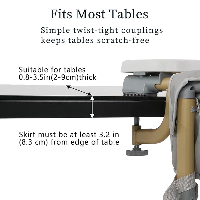 Baby Booster Seat for Table, Toddler Hook On High Chair with Tray, Adjustable Height Foldable Baby Feeding Chair with Carry Bag, for Kitchen Home Travel, Gray