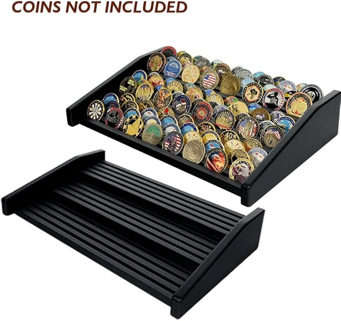 12-Row Wooden Challenge Coin Display Holder for Countertop - 3-Tier Military Coin Rack Stand Holds 90-100 Coins - Coin Display Case for Army Police Collectors, Black