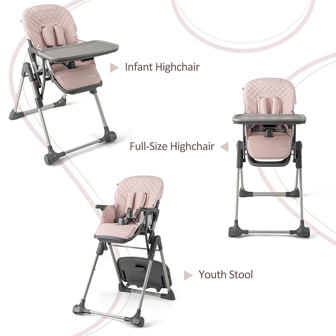 INFANS Baby High Chair, Convertible Quick Folding Portable Highchair for Babies and Toddlers with Adjustable Height Backrest Footrest 2 Wheels Removable Tray, Easy to Clean PU Seat (Pink)