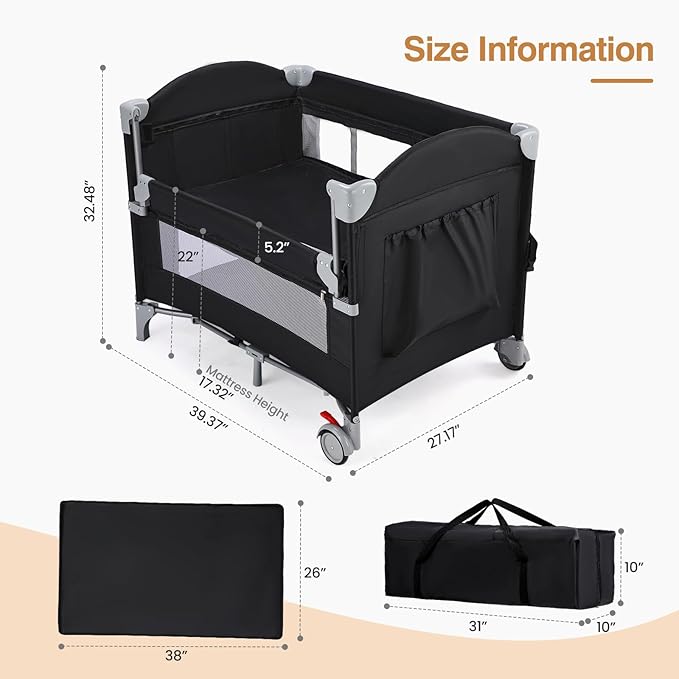 JOYMOR 4 in 1 Pack and Play, Baby Bedside Bassinet, Sturdy Play Yard with Padded Mat and Toy bar with Soft Toys