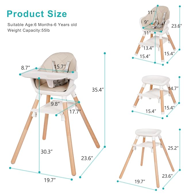 High Chair, 6 in 1 Wooden Convertible High Chairs for Babies and Toddlers, Booster Seat with Double Tray & Reversible Footrest Baby Highchair, 5-Point Harness Baby Feeding Chair, Beige
