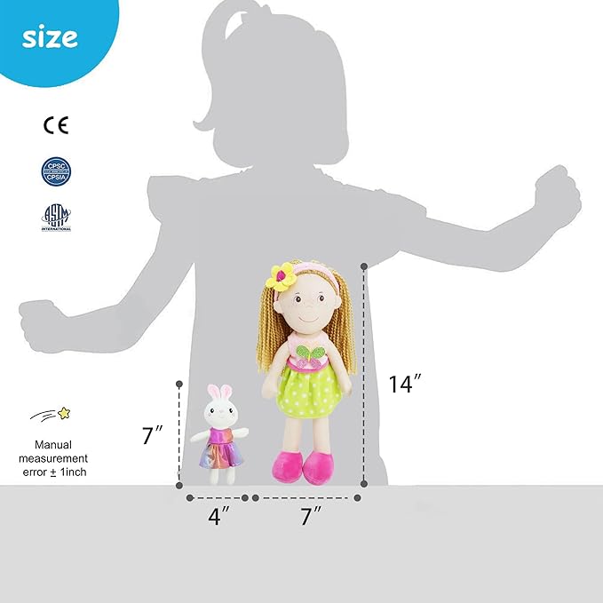 June Garden 14" Playmate Buddies - Plush Doll Aubrey with Her Stuffed Animal Companion Bunny Trixy